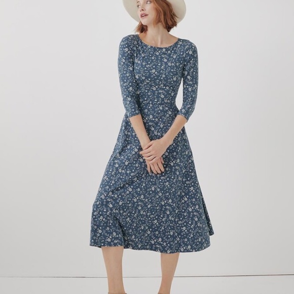 Pact Dresses & Skirts - Pact organic cotton midi dress, fit flare modest blue flower pattern medium